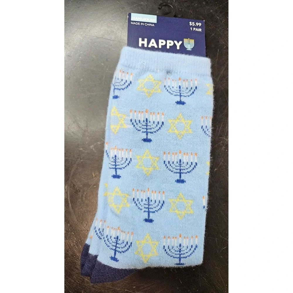 *NWT* Ladies Happy Hanukkah Sox Socks Sz 4-10 Menorah Star of David Lt Blue *NEW